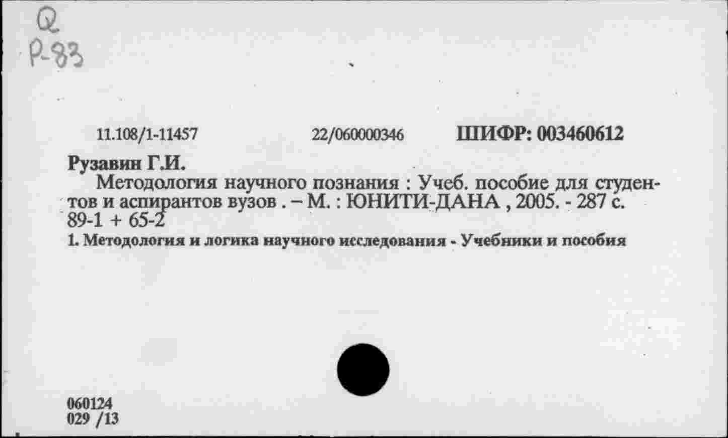 ﻿ft P-%
11.108/1-11457	22/060000346 ШИФР: 003460612
Рузавин Г.И.
Методология научного познания : Учеб, пособие для студентов и аспирантов вузов . - М.: ЮНИТИ-ДАНА, 2005. - 287 с. 89-1 + 65-2
1. Методология и логика научного исследования - Учебники и пособия
060124
029 /13